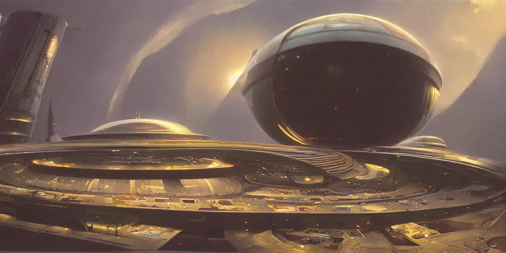 Image similar to a giant apple spaceship by aaron horkry and ralph mcquarrie