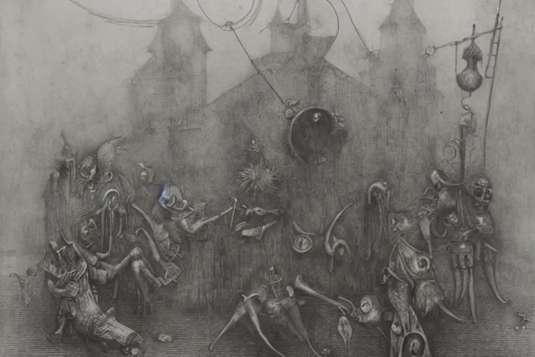 Image similar to a photo of plague doctors with rube goldberg machines in the fog by joel peter witkin, heironymus bosch, gustave dore, beksinski