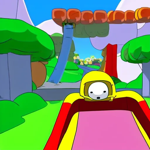 Prompt: adventure time Finn & Jake riding Mario karts level, cartoon video game graphics