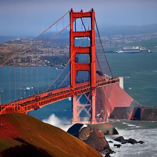 Image similar to photo of the golden gate bridge collapsing and breaking apart