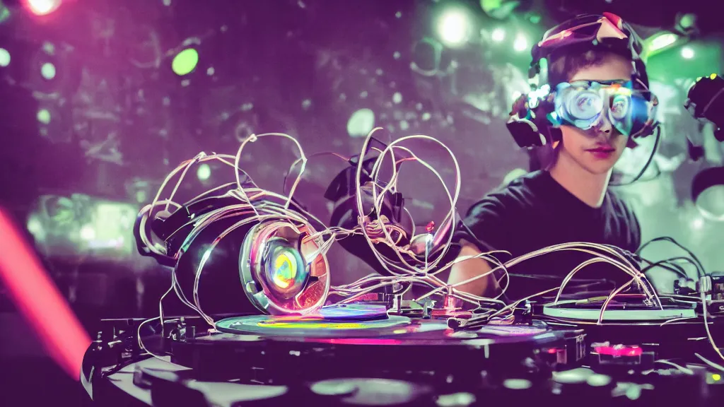 Image similar to a person wearing goggles and visor and headphones using a retro record player contraption, wires and tubes, turntablism dj scratching, intricate planetary gears, cinematic, imax, sharp focus, leds, bokeh, iridescent, black light, fog machine, hazy, lasers, hyper color digital art