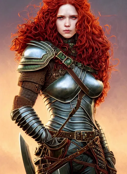 Image similar to ranger, leather armor!!! long curly red hair!! covered chest!!! green eyes, fantasy, d & d, intricate ornate details, digital painting, pretty face!!, symmetry, concept art, sharp focus, illustration, art by artgerm! greg rutkowski magali villeneuve wlop! ilya kuvshinov!!, octane render