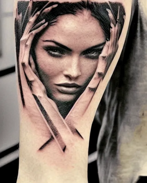 Prompt: amazing double exposure effect tattoo design sketch of megan fox with beautiful mountains, realism tattoo, in the style of andrey lukovnikov, amazing detail, sharp