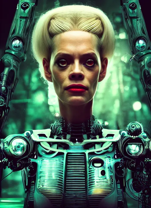 Prompt: 35mm portrait of a 7 of 9 borg with eye implant, on the background of a weird magical mechanical forest. Round gears visible inside her hear. Very detailed 8k. Fantasy cyberpunk horror. Sharp. Cinematic post-processing