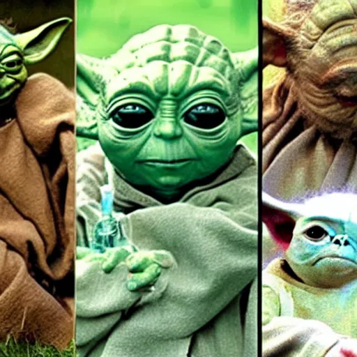 Image similar to Yoda surrounded by other members of his species