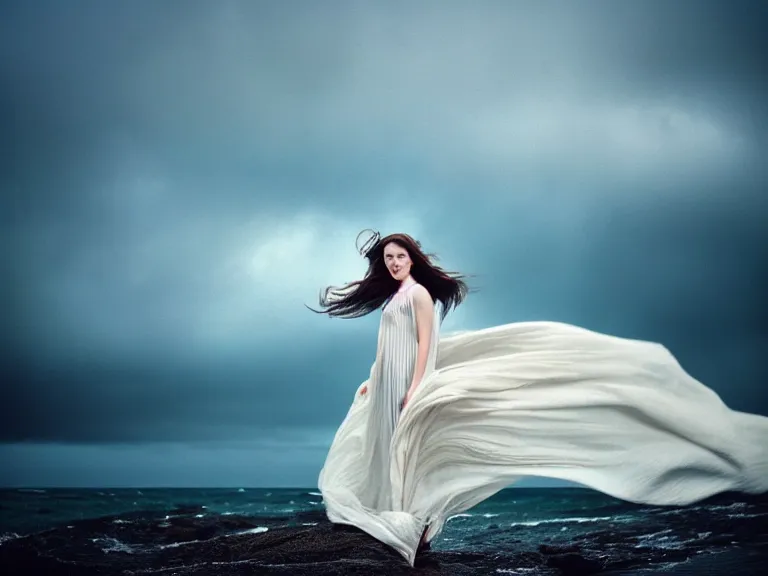 Prompt: cinestill 5 0 d half - length portrait photo portrait of a woman britt marling 3 / 4 style of nicholas fols, 1 5 0 mm, dress in voile, hair like dark clouds, hair floating on air, head in focus, mute dramatic colours, soft blur outdoor stormy sea background, volumetric lighting, hyper detailed, hyper realistic