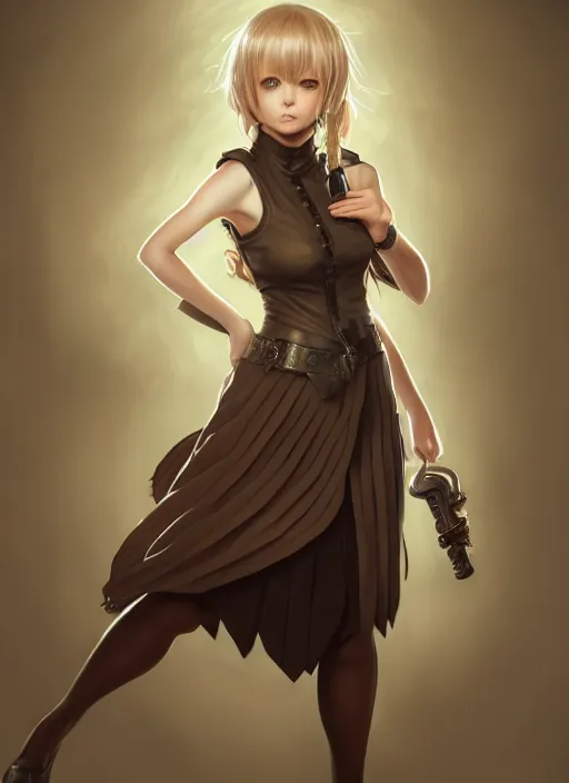 Image similar to portrait of a full body of beautiful young female detective, d & d, sleeveless turtleneck, pleated skirt, fantasy, flat lighting, intricate, highly detailed, digital painting, artstation, concept art, smooth, sharp focus, illustration, misa amane, art by simon bisley and greg rutkowski and alphonse mucha, natural tpose