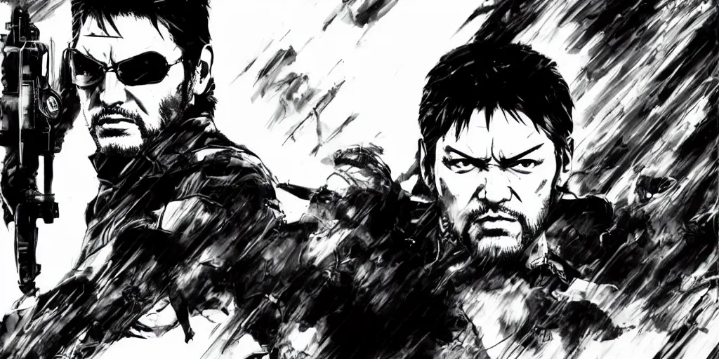 Image similar to a full - body portrait of chow yun - fat, in yoji shinkawa's art style, metal gear solid art style highly detailed, 4 k, artistic, white background, b & w