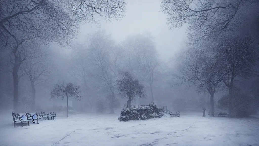 Image similar to the secret garden under heavy snow, surrounded by tall walls. andreas achenbach, artgerm, mikko lagerstedt, zack snyder, tokujin yoshioka