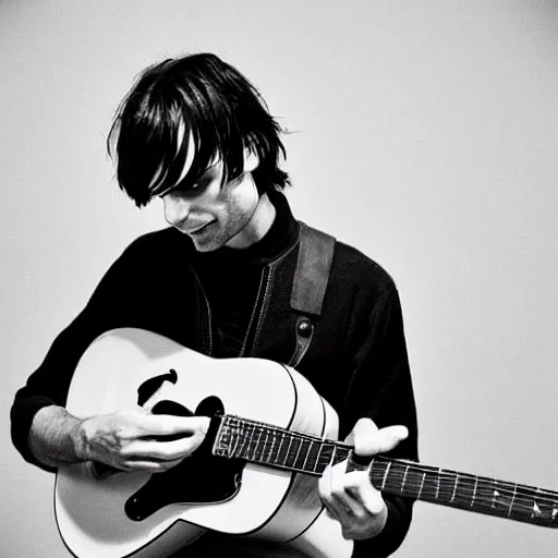 Image similar to Jonny Greenwood playing a guitar in a black and white photo, a black and white photo by Colin Greenwood, featured on tumblr, toyism, groovy, psychedelic, ilya kuvshinov