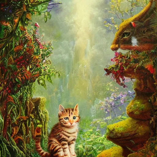 Image similar to painting of one kitten in the enchanted forest standing on the steps and watching the waterfall, fantasy, intricate, extremely detailed, matte, featured in artstation, art by louis wain, greg rutkowski