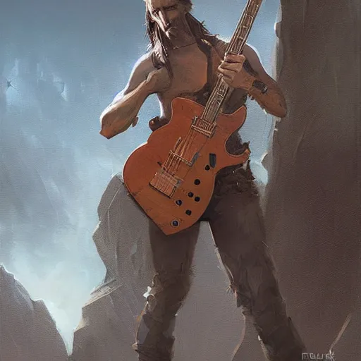 Image similar to v - form guitar in hand of man by greg rutkowski