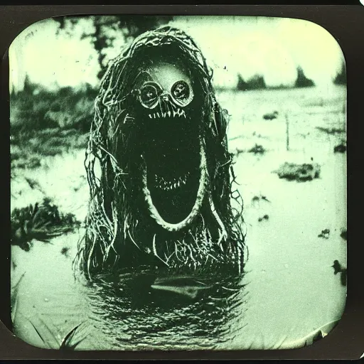 Image similar to creepy lovecraftian monster in swamp, 1 9 1 0 polaroid photo