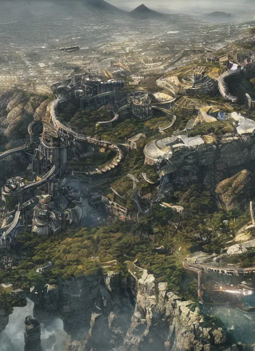 Image similar to chtulu attacking cape town city, table mountain, dense foliage beautiful details, strong composition by kim jung giu weta studio rutkowski, james gurney and greg rutkowski, and lucasfilm