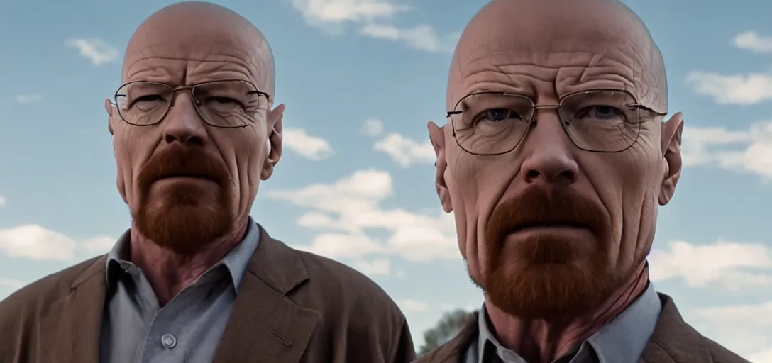 Image similar to Walter White as Spider-Man, film still, wide-shot, full shot, cinematic lens, heroic portrait