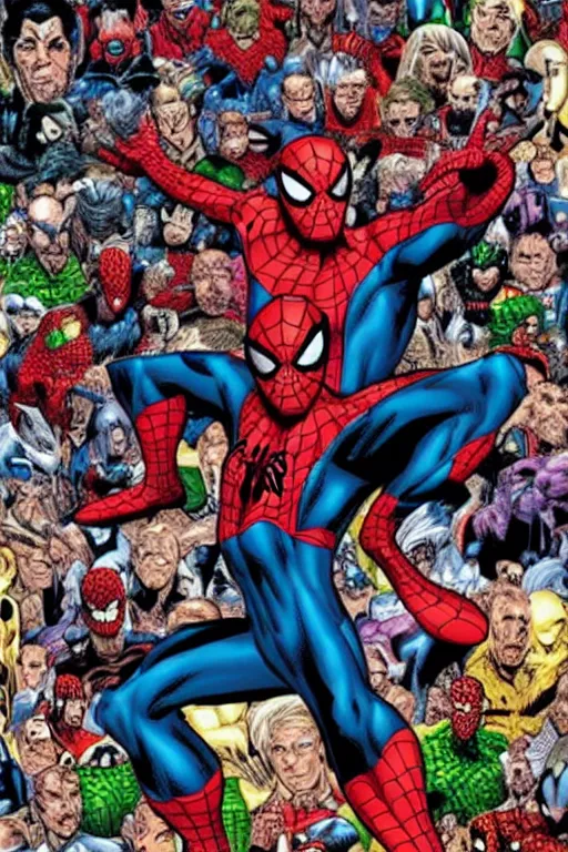 Image similar to a poster of Spider-man standing in front of his villains, by Mark bagley