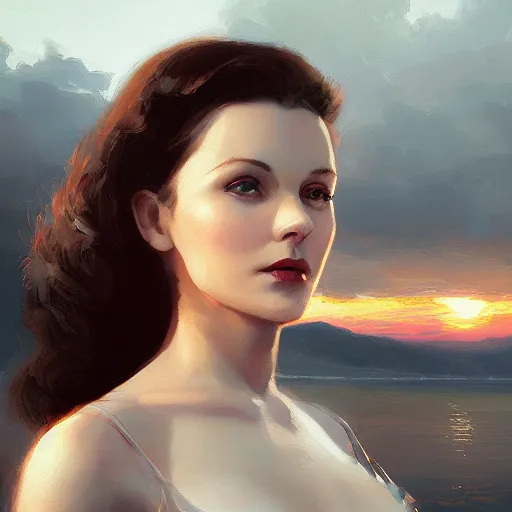 Image similar to a closeup portrait of a young vivian leigh, lake background, gorgeous view, sunset, film noir, serene, high detail, depth, masterpiece by greg rutkowski, digital art, trending on artstation