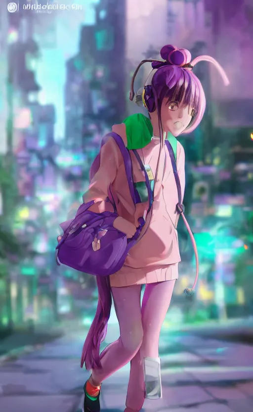 Image similar to anime girl with pink ponytail, wearing purple headphones, wearing a green sweater, with a smile on her face and her eyes closed, walking down a street, dynamic lighting, photorealistic fantasy concept art, trending on art station, stunning visuals, creative, cinematic, ultra detailed