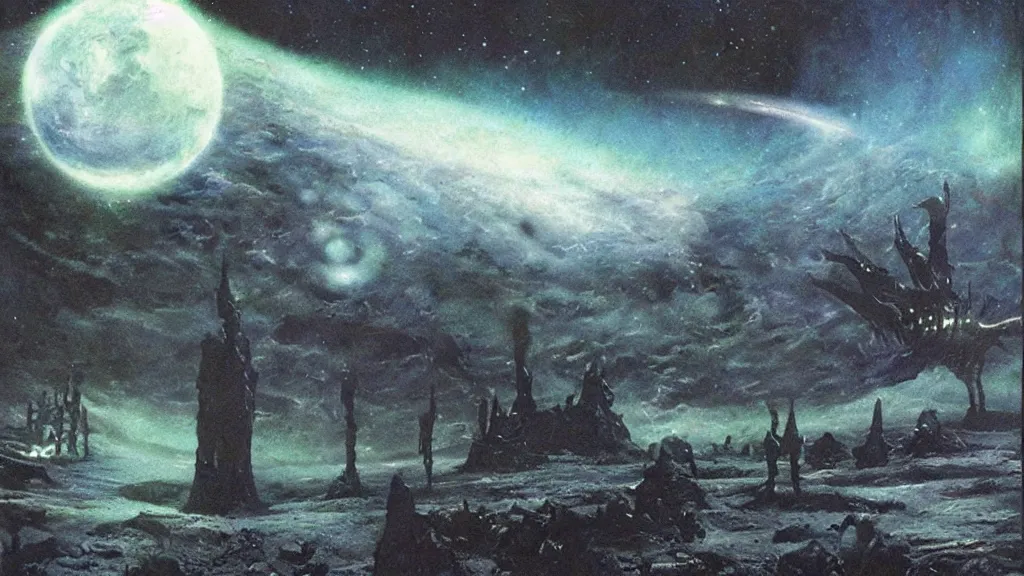 Image similar to eerie atmospheric alien planet empire by jack gaughan and bob eggleton and chris moore, epic cinematic matte painting