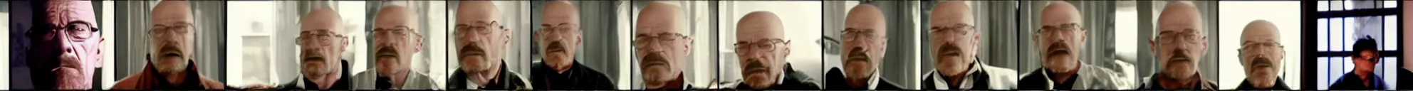 Prompt: 8 consistent frames from a video showing walter white looking around his house