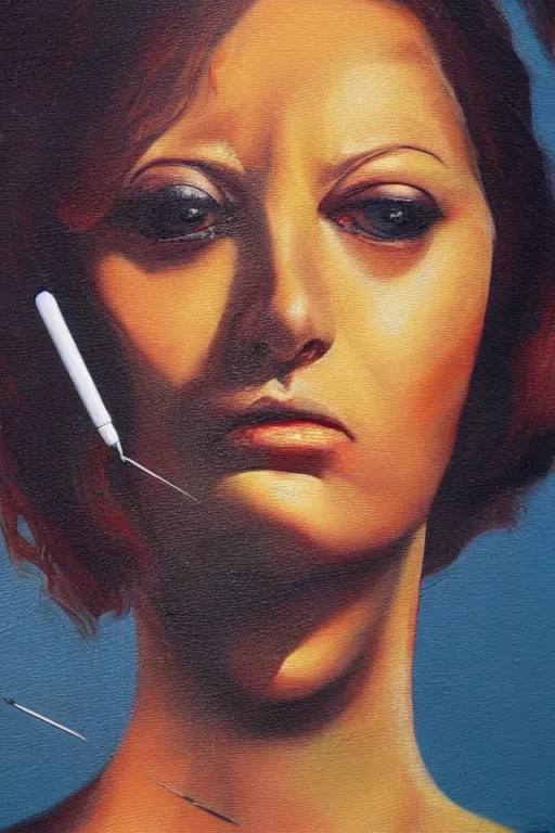 Prompt: oil painting, close-up hight detailed portrait of woman with needle close to eye, in style of 80s sci-fi art