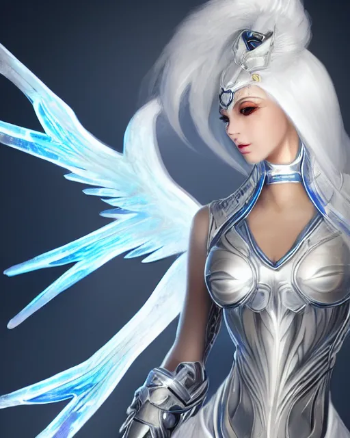 Image similar to perfect white haired attractive egyptian goddess with huge white dove wings, warframe armor, beautiful, symmetric, dreamy, half asian, pretty face, blue eyes, detailed, scifi platform, laboratory, experiment, 4 k, ultra realistic, epic lighting, android body, illuminated, cinematic, masterpiece, art by akihito tsukushi, voidstar