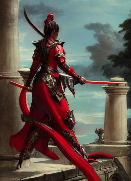 Prompt: woman in dark and red princess dragon armor, she is holding a katana sword, walking on an ancient neoclassical bridge. by william henry hunt, concept art,