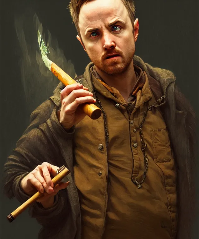 Prompt: portrait of jesse pinkman as a hobbit, smoking a wooden pipe, headshot, highly detailed, digital painting, artstation, concept art, sharp focus, cinematic lighting, illustration, art by artgerm and greg rutkowski, alphonse mucha, cgsociety