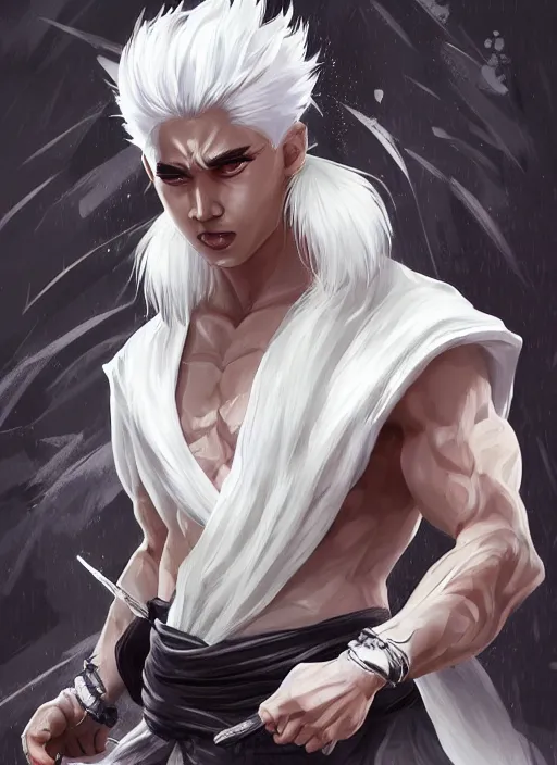 Image similar to a highly detailed illustration of white haired fierce asian man with short white hair parted down middle, wearing white kimono with black shirt, with black sclera eyes, heroically battle posing, muscular, intricate, elegant, highly detailed, centered, digital painting, artstation, concept art, smooth, sharp focus, league of legends concept art, WLOP