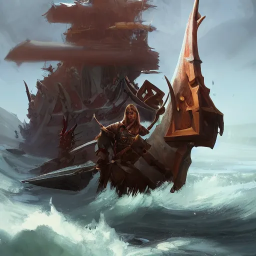 Prompt: arcane style viking battleship, viking spears and axes. spear and axes, sea background, bright art masterpiece artstation. 8 k, sharp high quality artwork in style of greg rutkowski, concept art by tooth wu, blizzard warcraft artwork, hearthstone card artwork