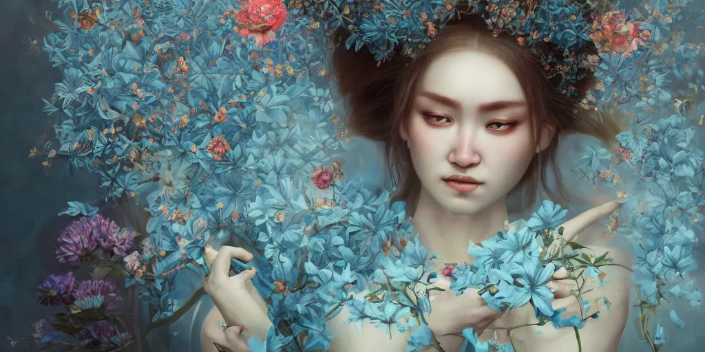 Prompt: breathtaking detailed weird concept art painting of the goddess of light blue flowers, orthodox saint, with anxious, piercing eyes, ornate background, amalgamation of leaves and flowers, by Hsiao-Ron Cheng, extremely moody lighting, 8K