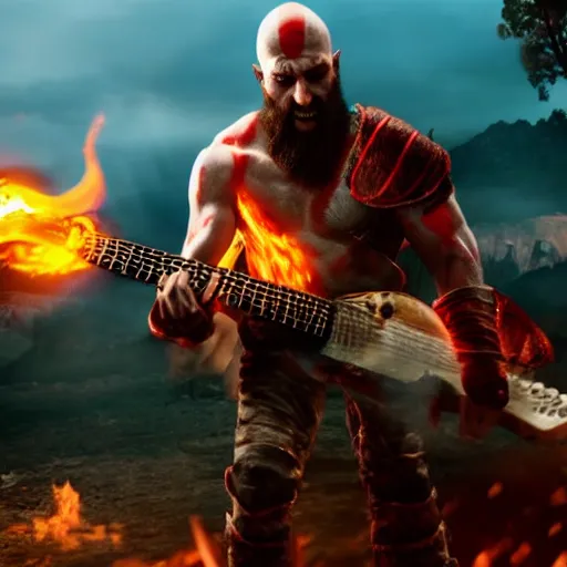 Prompt: screaming kratos shredding on a flaming stratocaster guitar, cinematic render, god of war 2 0 1 8, santa monica studio official media, sunglasses, lightning, spartan rage, profile