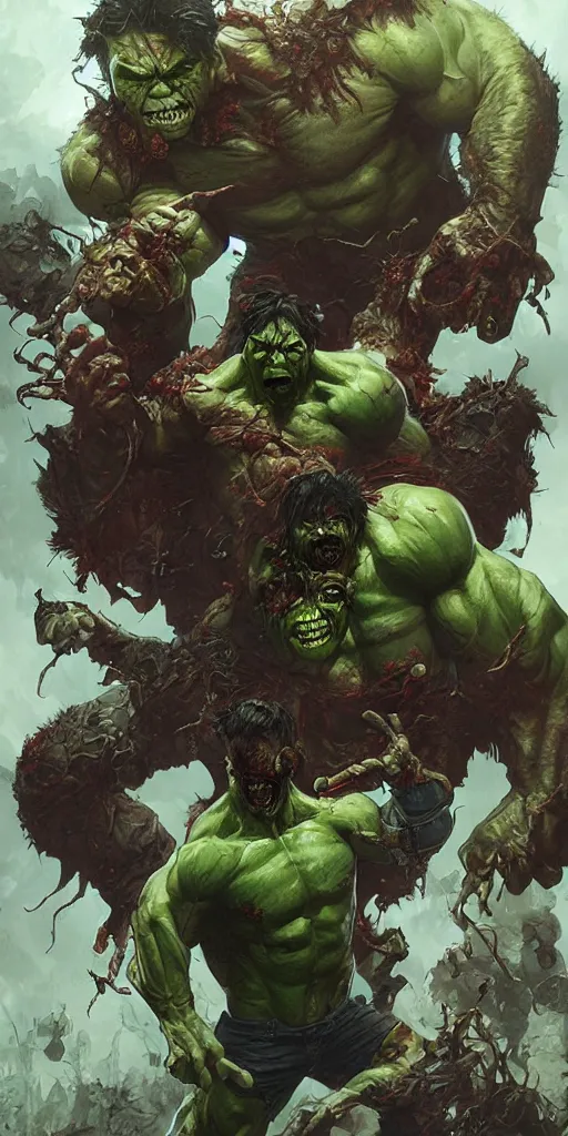 Image similar to zombie incredible hulk, fantasy, intricate, highly detailed, digital painting, artstation, concept art, smooth, sharp focus, illustration, art by artgerm and greg rutkowski and alphonse mucha