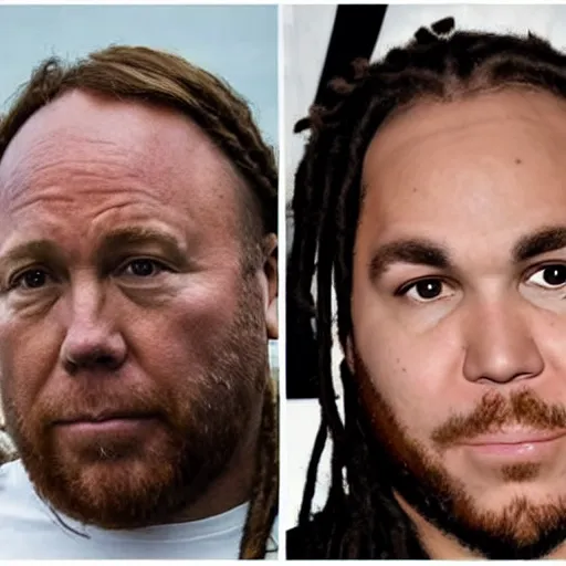 Image similar to Alex Jones appears as Tekasho 6ix9ine with dreadlocks and tattoos, high quality, photo