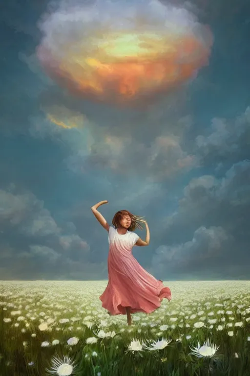 Prompt: giant white daisy flower as face, girl dancing in a flower field, surreal photography, sunrise, dramatic light, impressionist painting, colorful clouds, digital painting, artstation, simon stalenhag