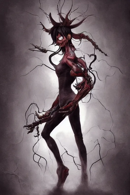 Prompt: dark full body painting of tracer from overwatch, in style of zdzisław beksinski, scary, horror, 4 k, feminine facial features, overwatch tracer character, horror, body horror, disturbing, detailed face, dressed in dark garment, black tendrils, tall, long legs,