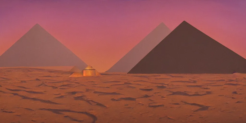 Prompt: an oil painting of a small city in the desert ::Pyramid inside the city surrounded by huts and walls that surround the city and a dark red sun, fantasy,hyper realistic, atmospheric lighting, cinematic, 8k,