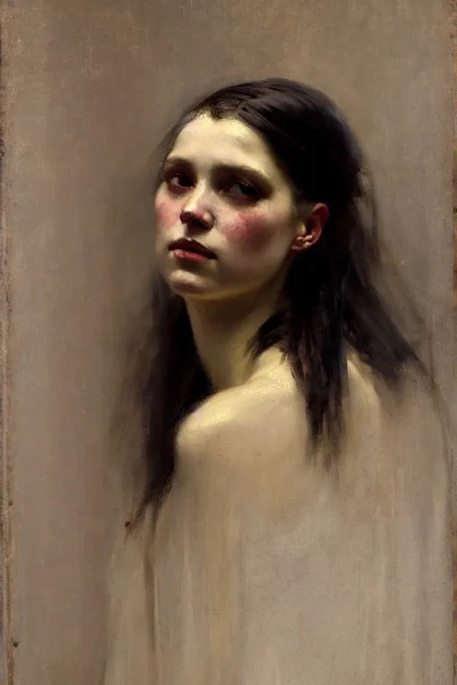 Image similar to solomon joseph solomon and richard schmid and jeremy lipking victorian genre painting full length portrait painting of a young beautiful woman traditional