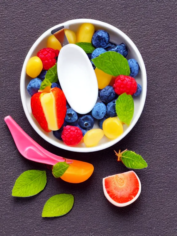 Image similar to miniature diorama of yogurt with spoon with fruits colorful