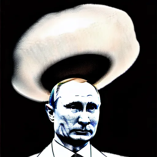 Image similar to vladimir putin with a nuclear mushroom cloud hat, cartoonish, ultra detailed pencil drawing