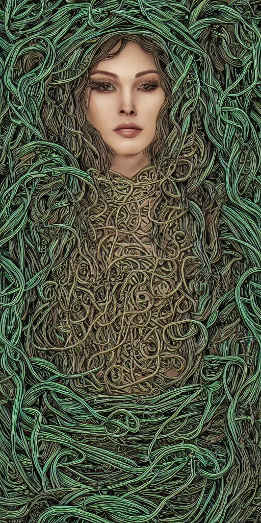 Prompt: beautiful woman, cthulhu, woven, wires, vines, ropes, intertwined, wrapped around, intricate digital art, extremely detailed, 8 k