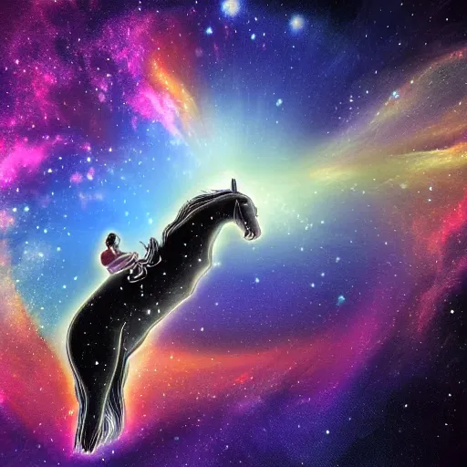 Image similar to a sandwich riding a horse in a explosion of a nebula, digital art