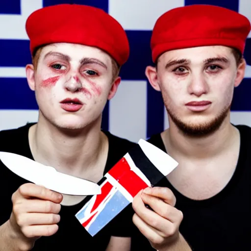 Image similar to mid-shot portrait photograph of two male British chav youths holding knives, with white powder on their faces, wearing the Union Jack, and wearing fez caps, high quality