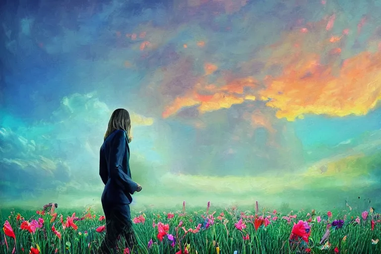Prompt: closeup, giant gladiola flower head, girl in suit walking in field of flowers, surreal photography, sunrise, blue sky, dramatic light, impressionist painting, digital painting, artstation, simon stalenhag