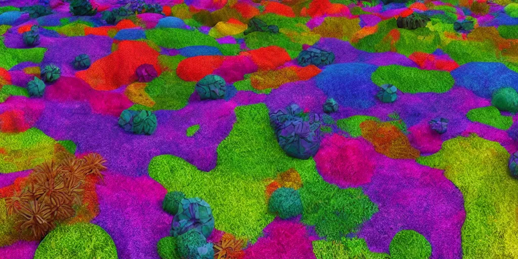 Prompt: color aberration meadows with various types of plants made out of alien materials, abstract!!!!!!!!!!!!!. colorful, psychedelic, 4k, octane render, trending on artstation