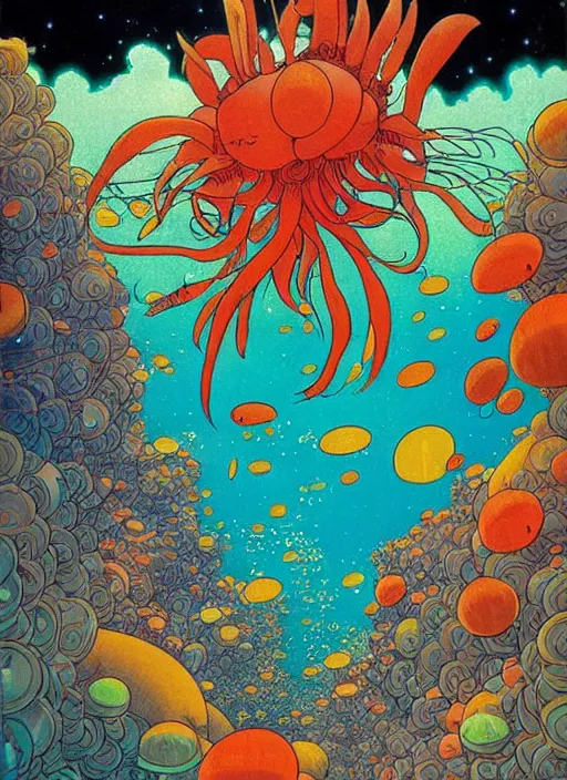 Prompt: 70s vintage anime illustration by Studio Ghibli and by James Jean, giant underwater cliffs at night filled with glowing anemones by Jeffery Smith by Mati Klarwein, underwater Atlantean city landscape is hyper detailed and lights up the black sea, bright bold colors, a surreal magical aura surrounds this hidden city