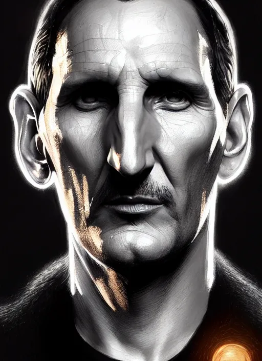 Image similar to portrait of christopher eccleston, intricate, elegant, glowing lights, highly detailed, digital painting, artstation, concept art, smooth, sharp focus, illustration, art by wlop, mars ravelo and greg rutkowski