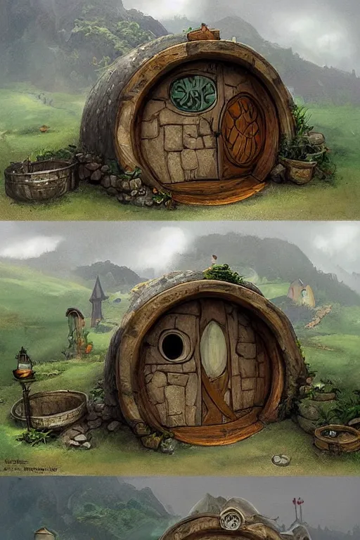 Prompt: beautiful matte painting of a hobbit house with round door and windows under a hill, whimsical by brian kesinger and thunder brush, artstation