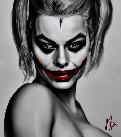 Image similar to a realism drawing of margot robbie as harley quinn portrait with joker makeup, in the style of den yakovlev, realistic face, black and white, realism, hyper realistic, highly detailed