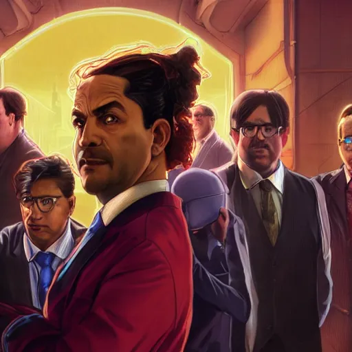 Prompt: characters from the TV show The Office, cibercity, cyberpunk, vibrant, 70mm photography, Red camera, wide shot, dramatic lighting, hyperrealistic, high quality, highly detailed, artstation, HD, art by artgerm and greg rutkowski and alphonse mucha, cinematic, unreal engine, facial accuracy, symmetrical